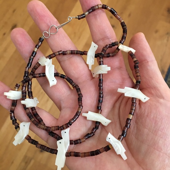 Vintage Jewelry - Native Navajo Heishi MOP bird fetish necklace